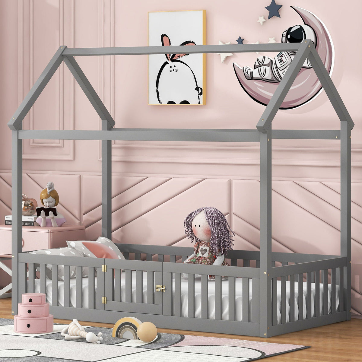 Wood House Bed With Fence And Door gray bed frame by HouseOfZazla in a kids room with bunny art on Tampa Home & Garden Store
