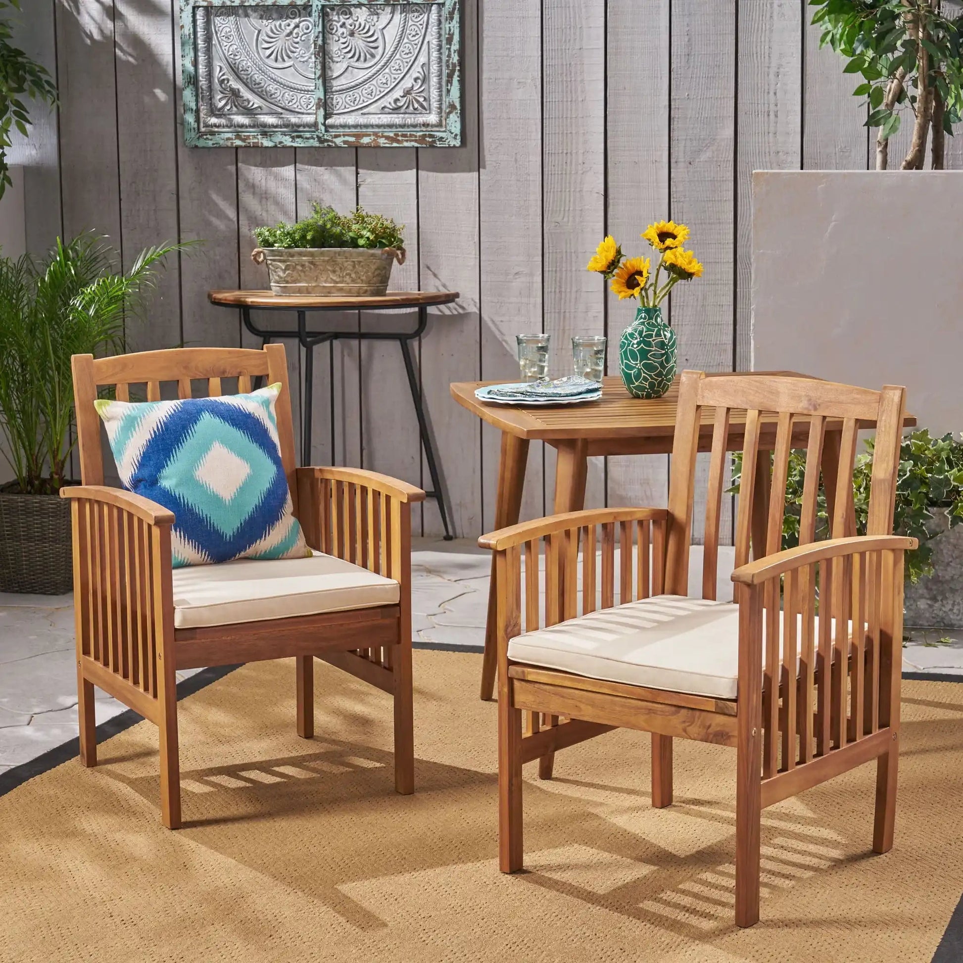 Casa Acacia dining chair set with beige cushions for outdoor use on Tampa Home & Garden Store