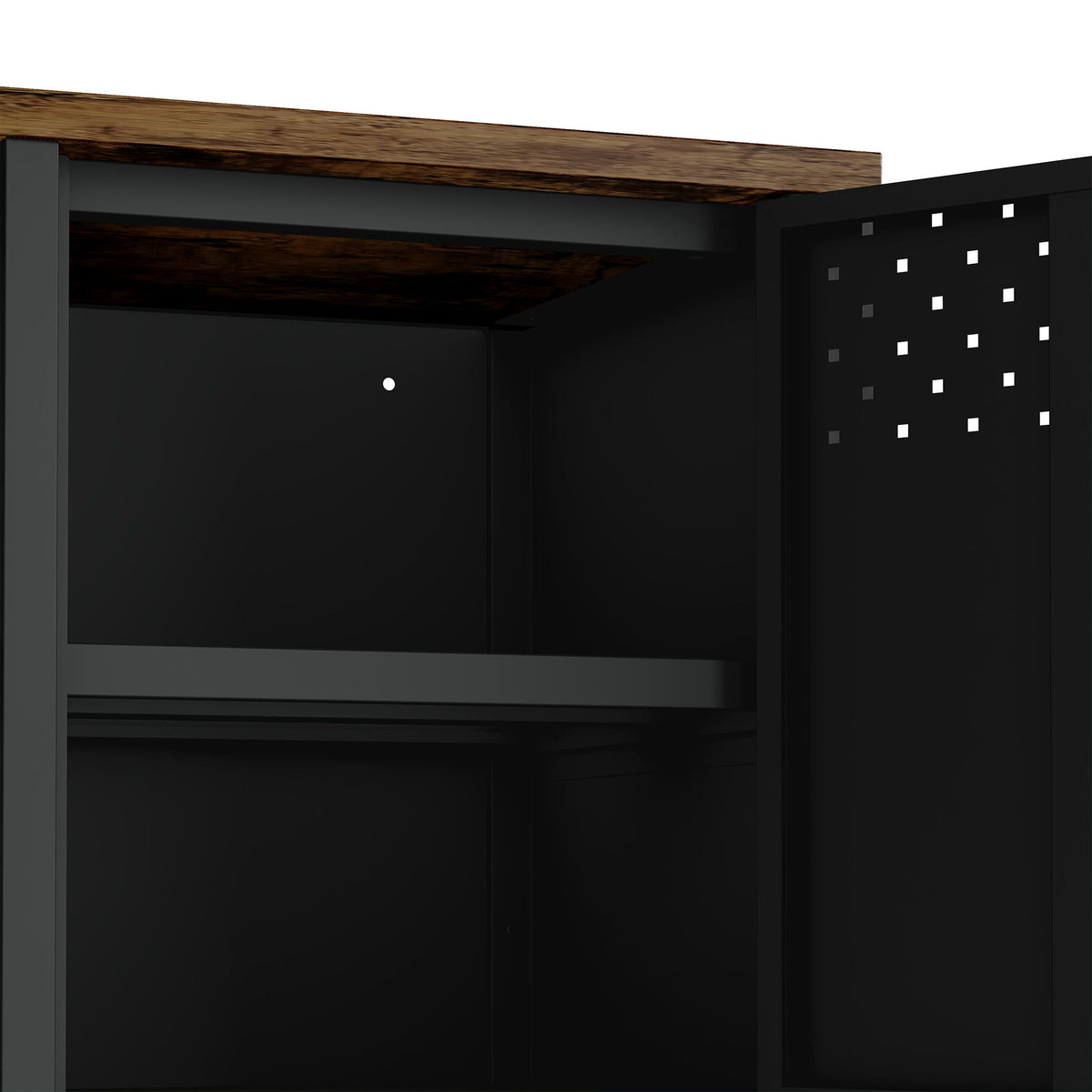 Storage Cabinet TV Stand with steel frame, black finish, dual cabinets and perforated panel on Tampa Home & Garden Store
