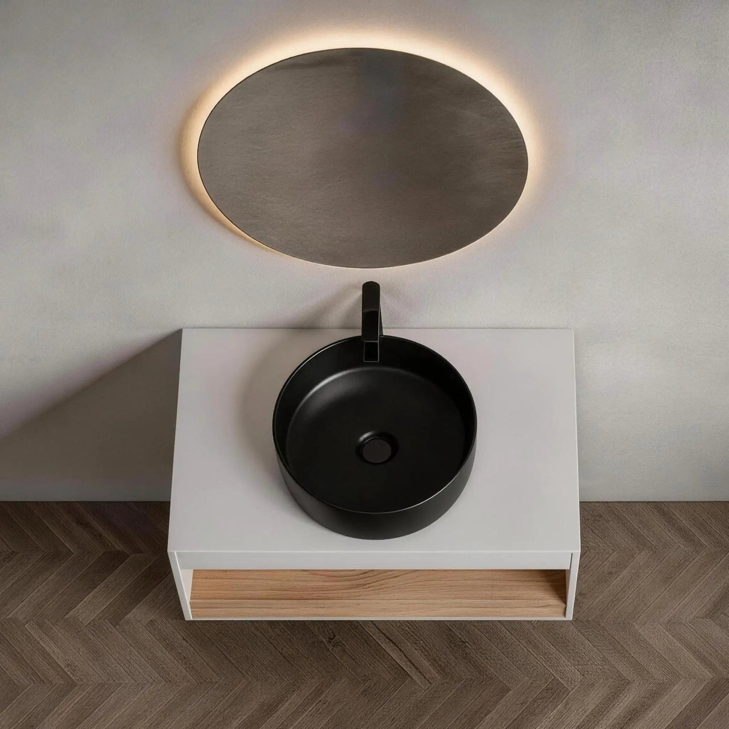 Floating vanity with glossy round black vessel sink on white countertop, wall-mounted with drawer on Tampa Home & Garden Store