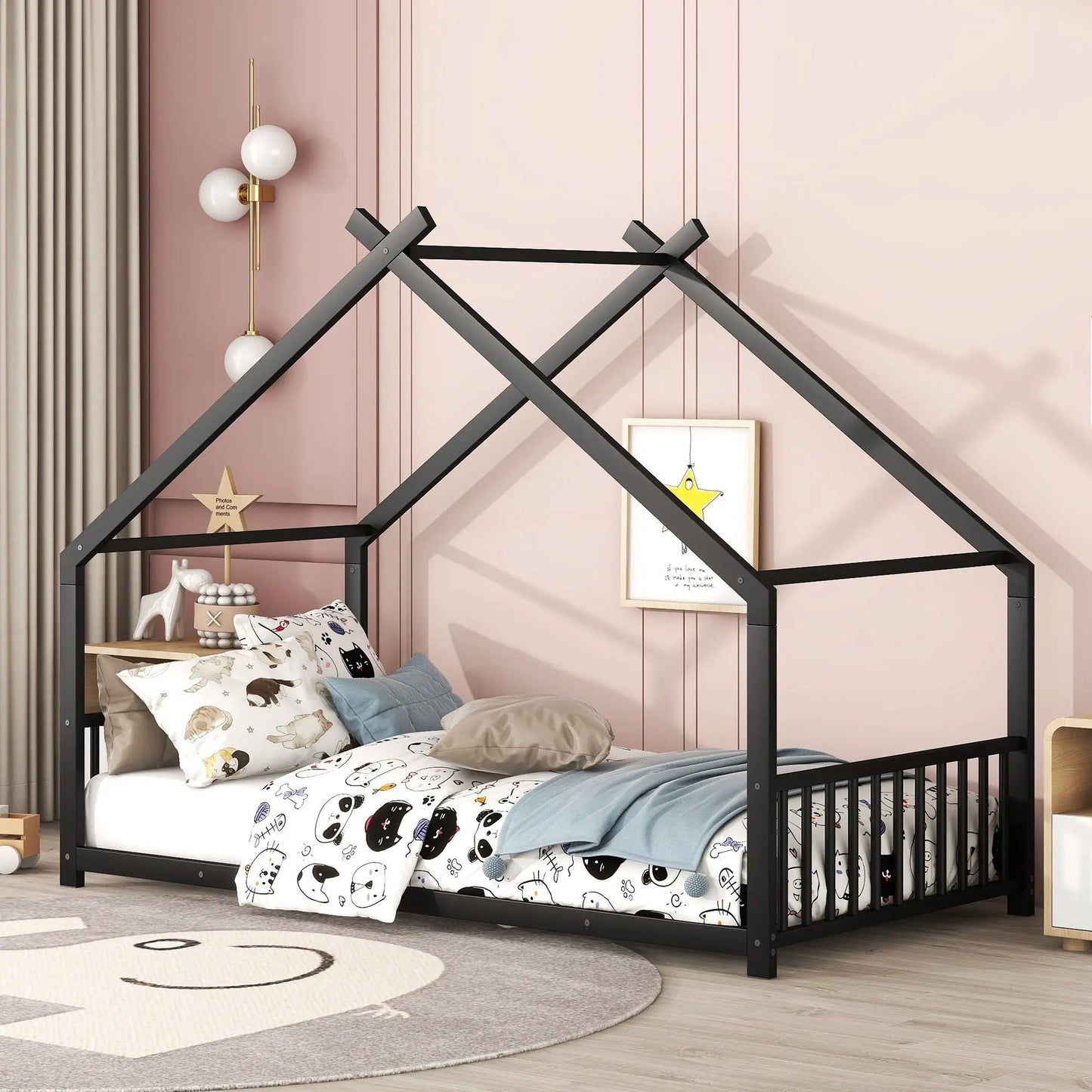 Metal House Bed canopy frame in black with pink walls and panda bedding on Tampa Home & Garden Store