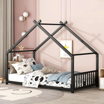 Metal House Bed canopy frame in black with pink walls and panda bedding on Tampa Home & Garden Store