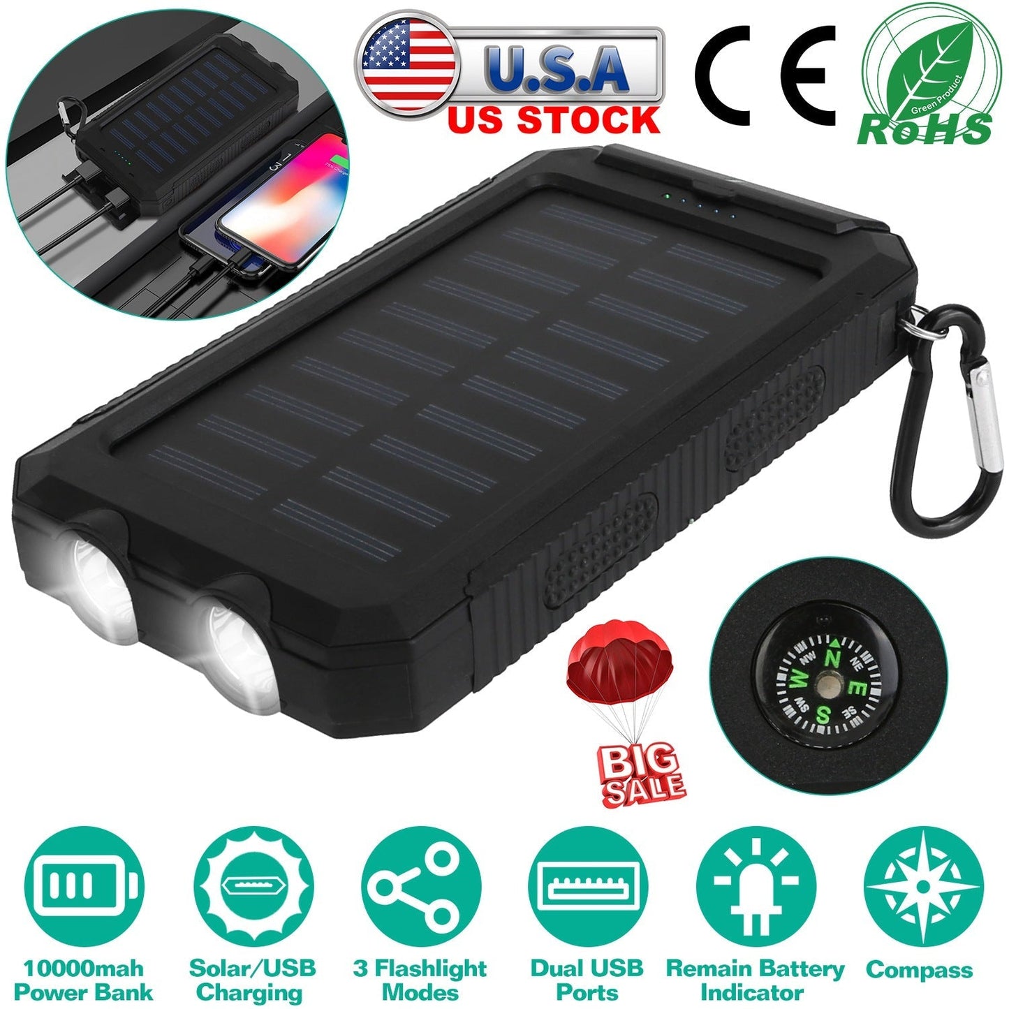 GemGear 10000mAh solar power bank with dual USB ports, compass, SOS LEDs black charger on Tampa Home & Garden Store