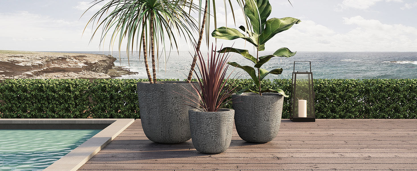 U_STYLE Lightweight MGO Planter Set of 3 in textured gray concrete look on a wooden poolside deck on Tampa Home & Garden Store