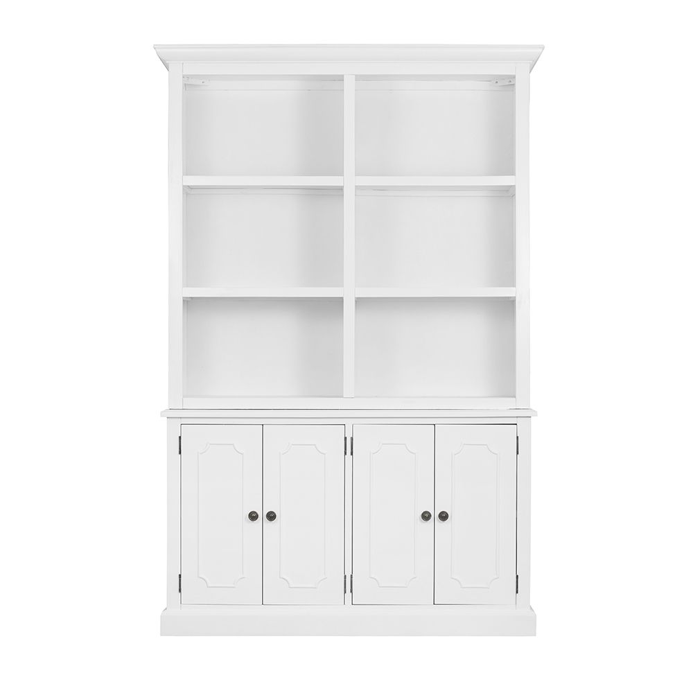 French Country Acacia Bookcase white with 4 open shelves and lower four-panel doors HouseOfZazla on Tampa Home & Garden Store