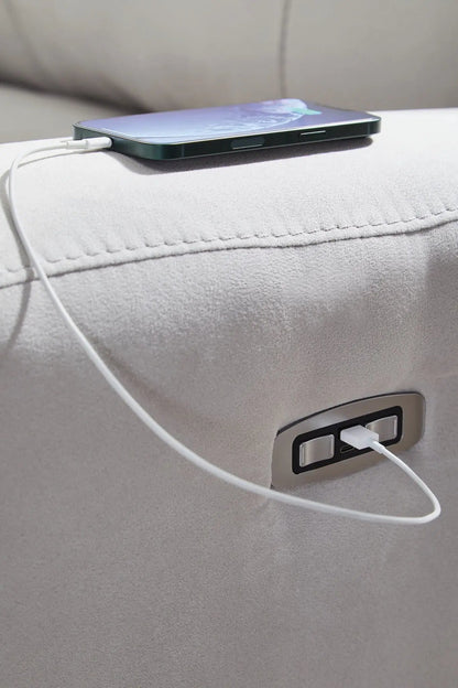 Social Pointe Reclining Sectional armrest in light gray fabric with charging cable on Tampa Home & Garden Store