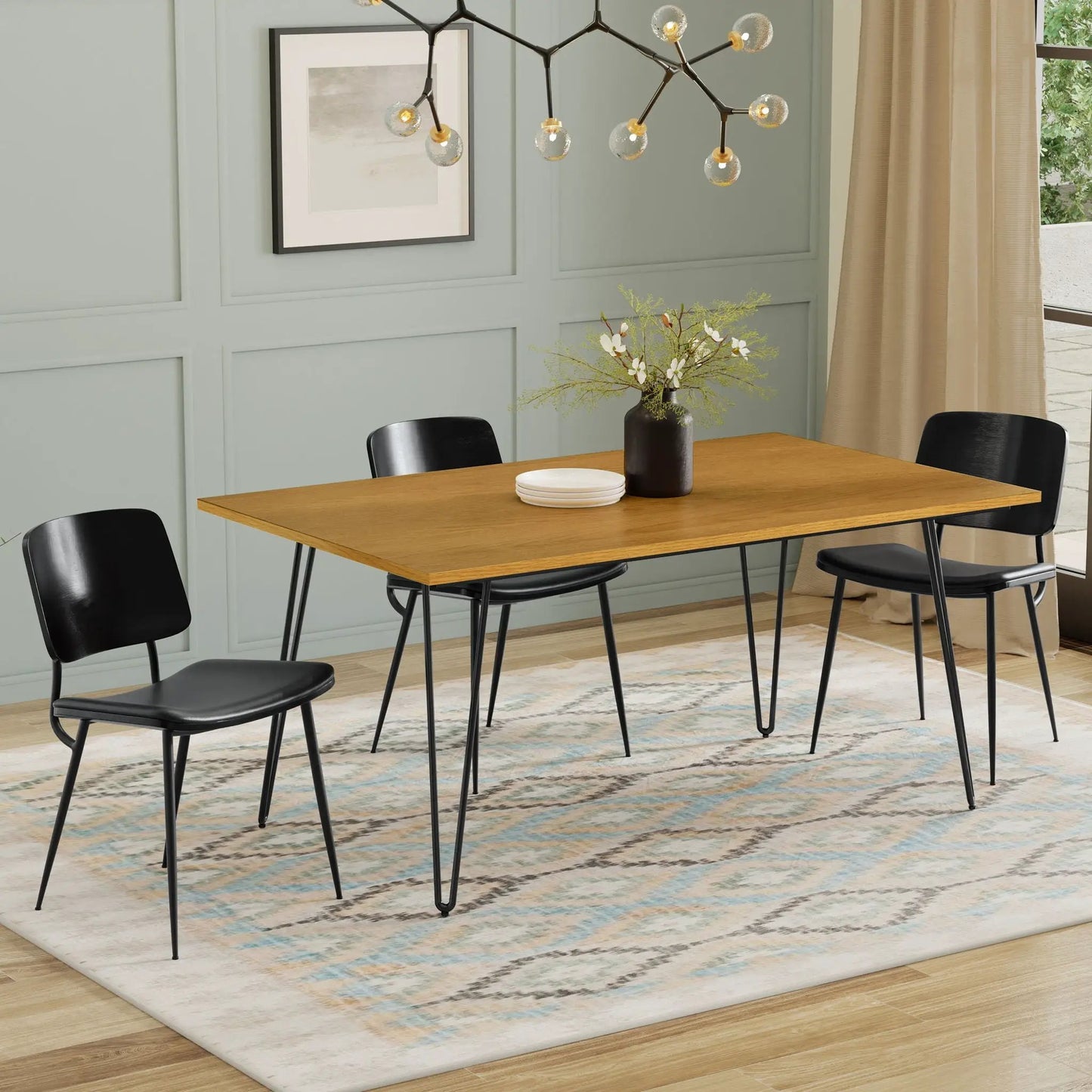 Hunter square dining table with black hairpin legs and wood top on Tampa Home & Garden Store