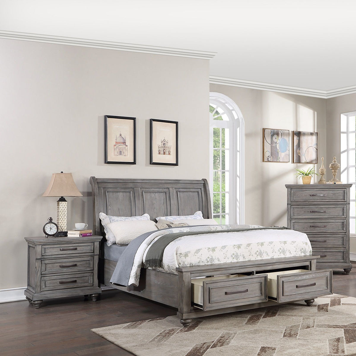 3 Piece Bedroom Set HouseOfZazla: graywashed wood bed with 2 nightstands on Tampa Home & Garden Store