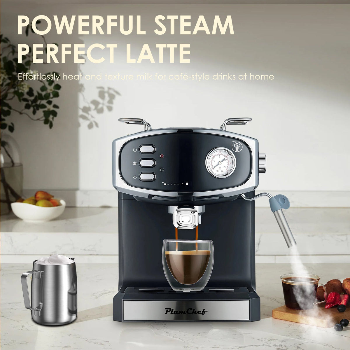 PlumChef espresso machine with 20 bar pressure, semi-automatic control in black/blue finish on Tampa Home & Garden Store