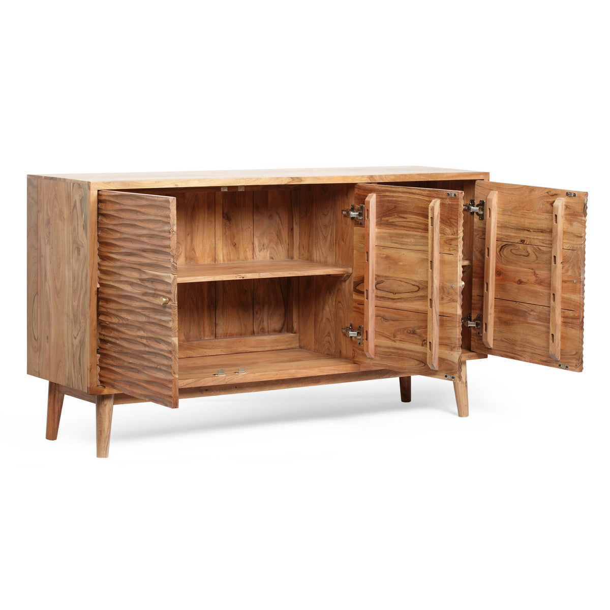 Boho handcrafted 3-door sideboard in natural wood with carved texture; shelves visible on Tampa Home & Garden Store