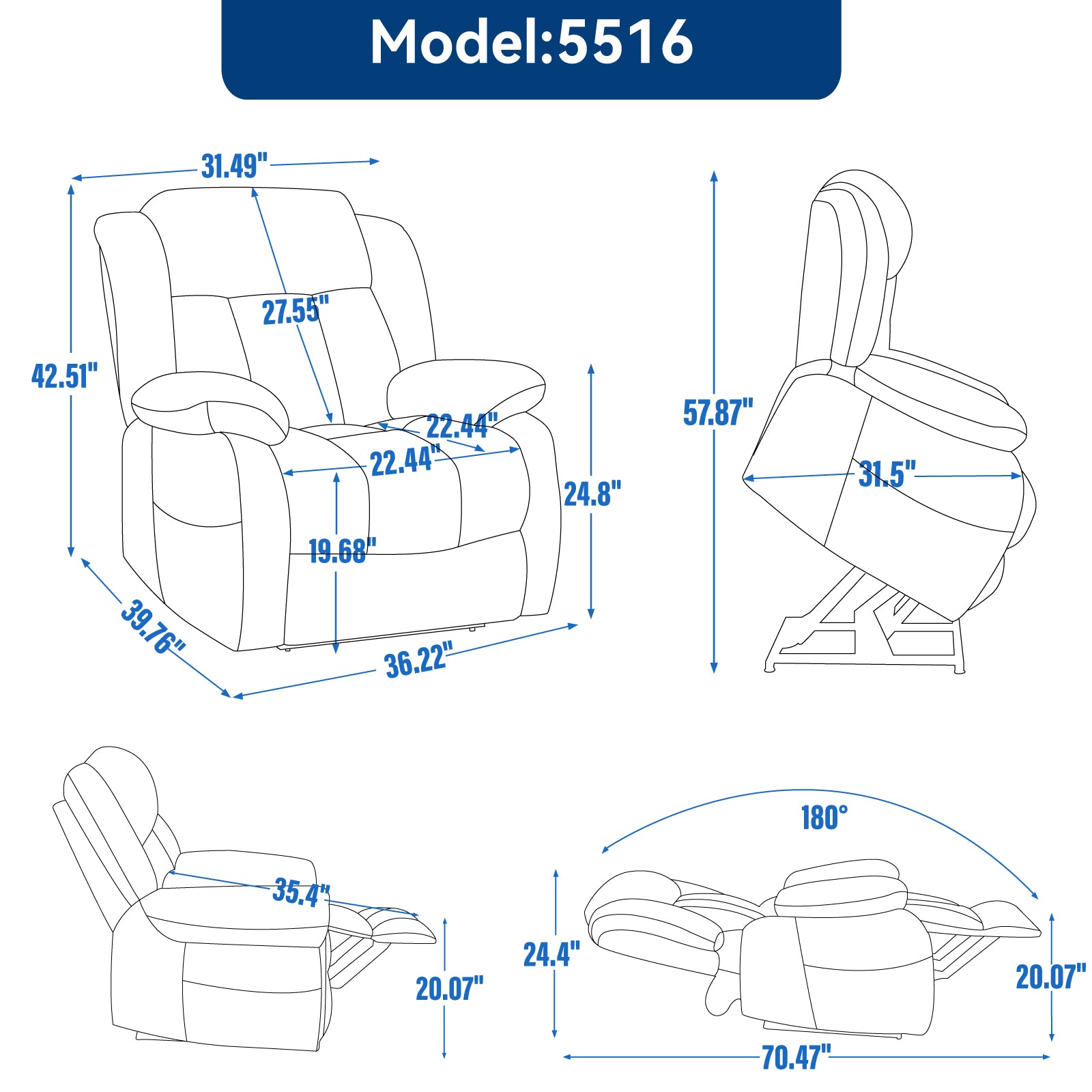Dual Motor Electric Recliner Chair HouseOfZazla model 5516 — front and side diagrams with measurements on Tampa Home & Garden Store