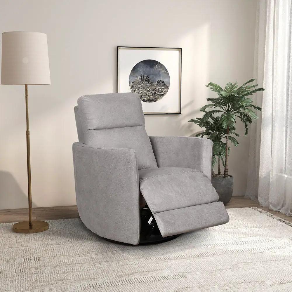 Lawson Swivel Glider Suede Recliner Chair in latte suede with cushioned headrest on Tampa Home & Garden Store