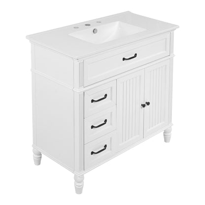 Bathroom vanity with sink and drawers in white solid wood cabinet with doors and black hardware on Tampa Home & Garden Store
