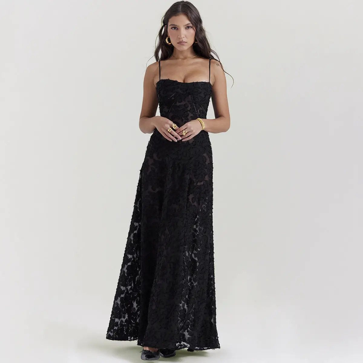 Black lace long dress with thin spaghetti straps, floor-length gown by FLIPSTYLEZLLC on Tampa Home & Garden Store