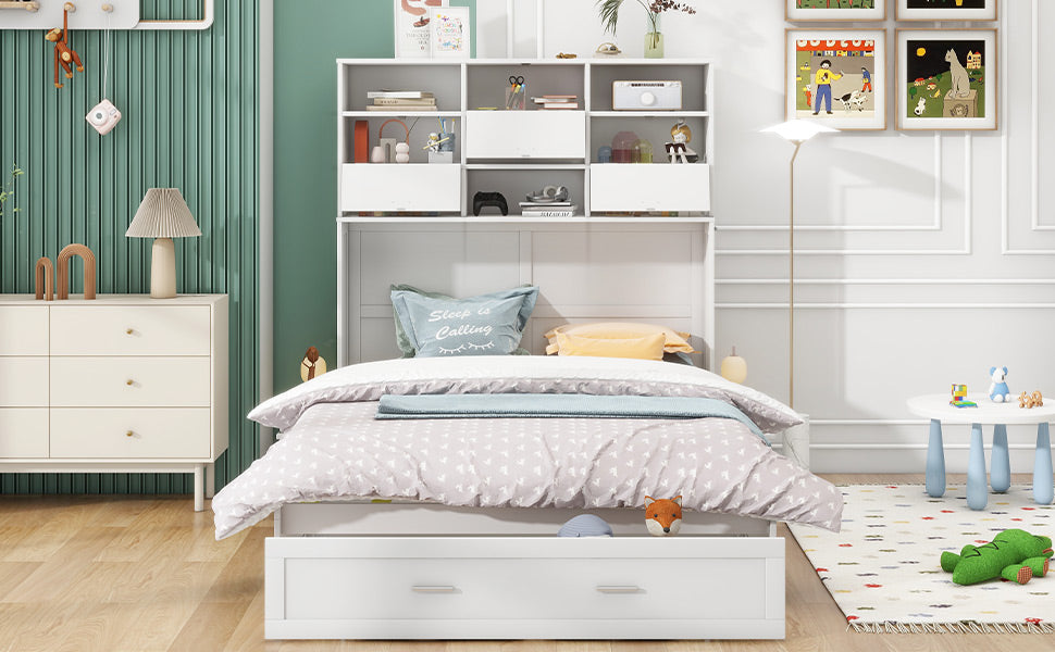 ueen Size Murphy Bed with Bookcase, Bedside Shelves and a Big Drawer, White - Tampa Home & Garden Store
