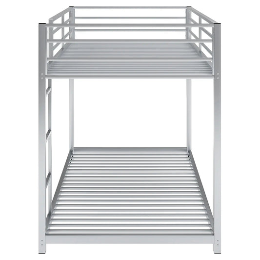 Twin over twin metal bunk bed in silver with ladder on Tampa Home & Garden Store