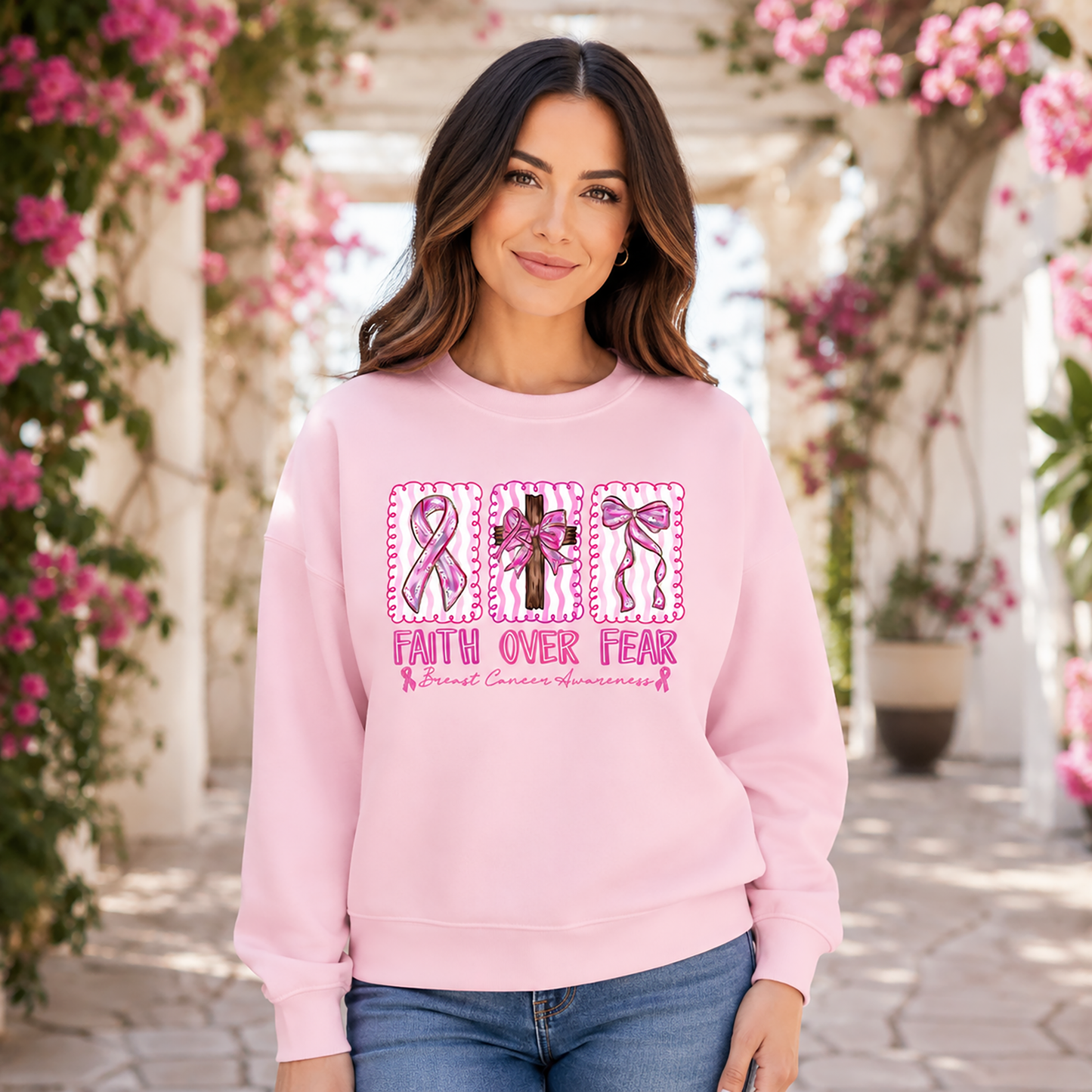 Faith Over Fear Pink Ribbon Christian Sweatshirt