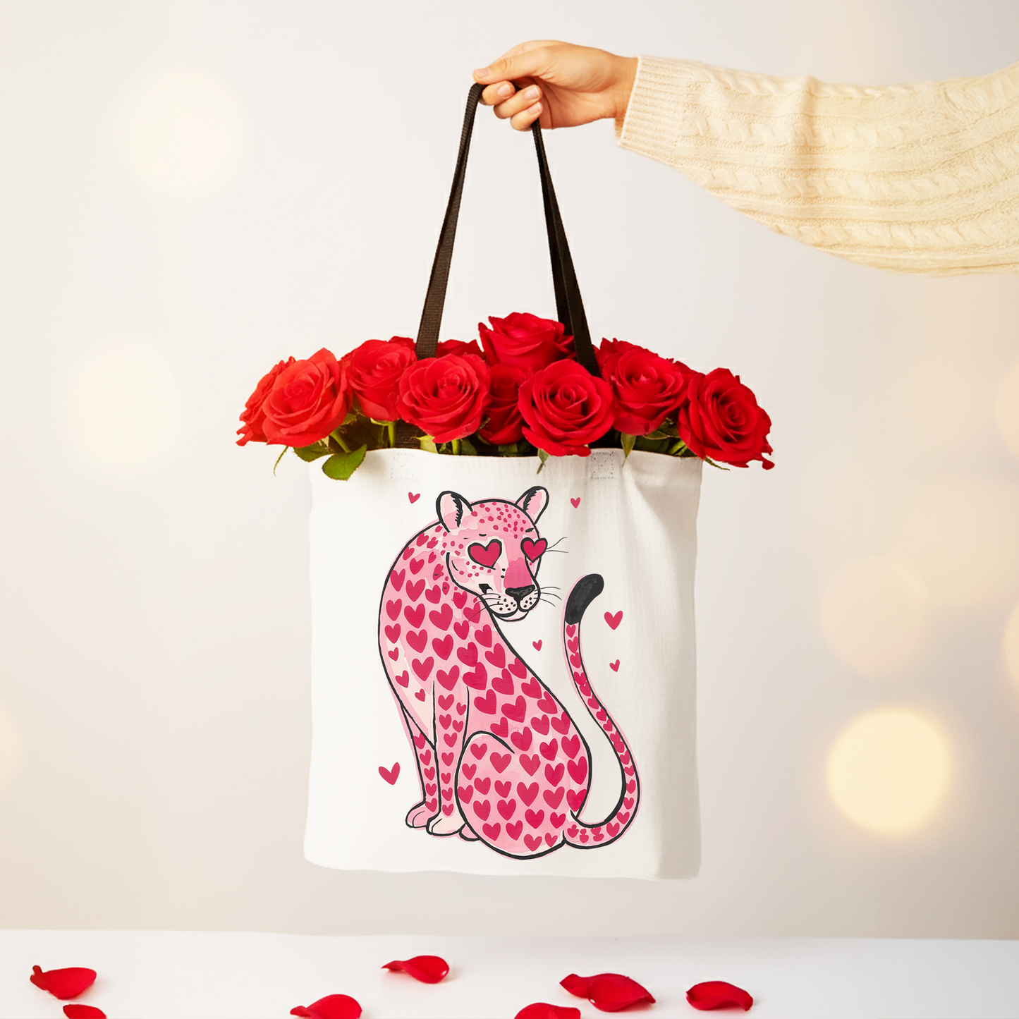 Pink Leopard Valentine Canvas Tote Bag, Cute Hearts Reusable Urban Bag