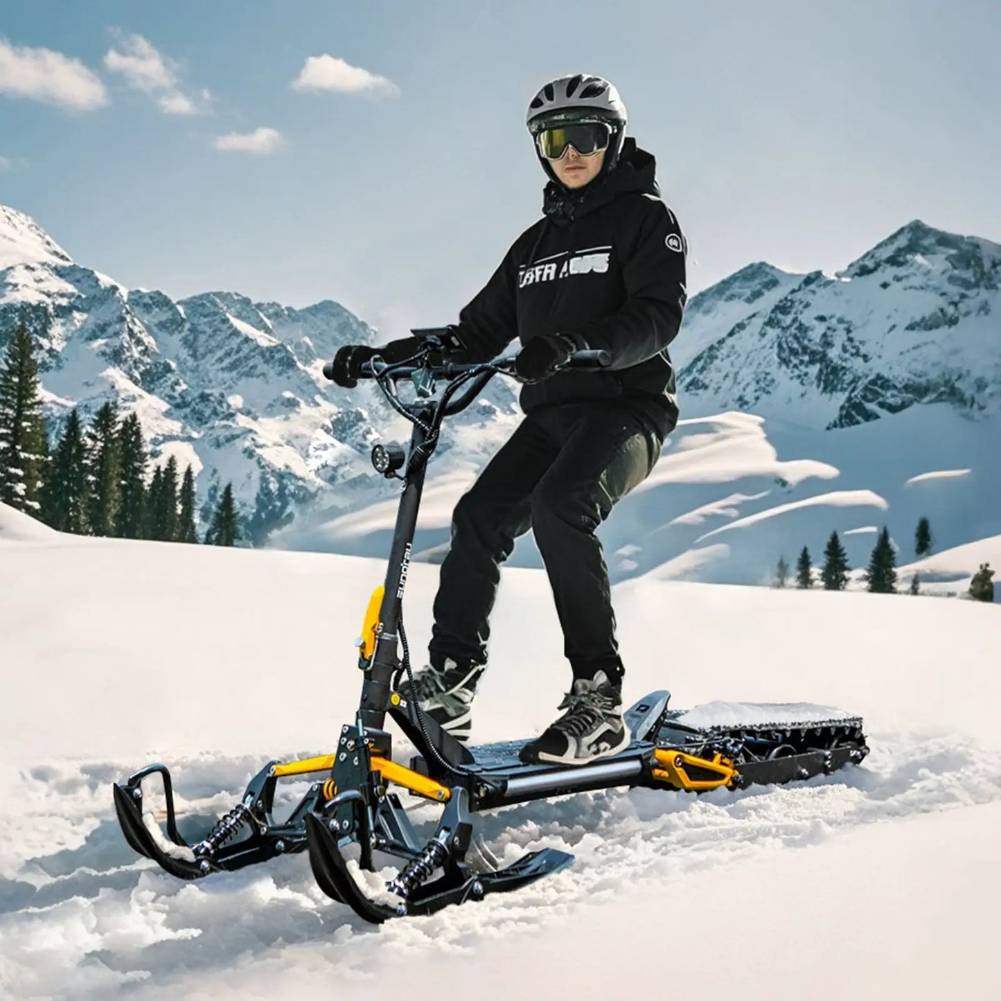 ICEX 1.0 sled by EUNORAU E-BIKE US; yellow and black sled with handlebars in snowy mountains on Tampa Home & Garden Store