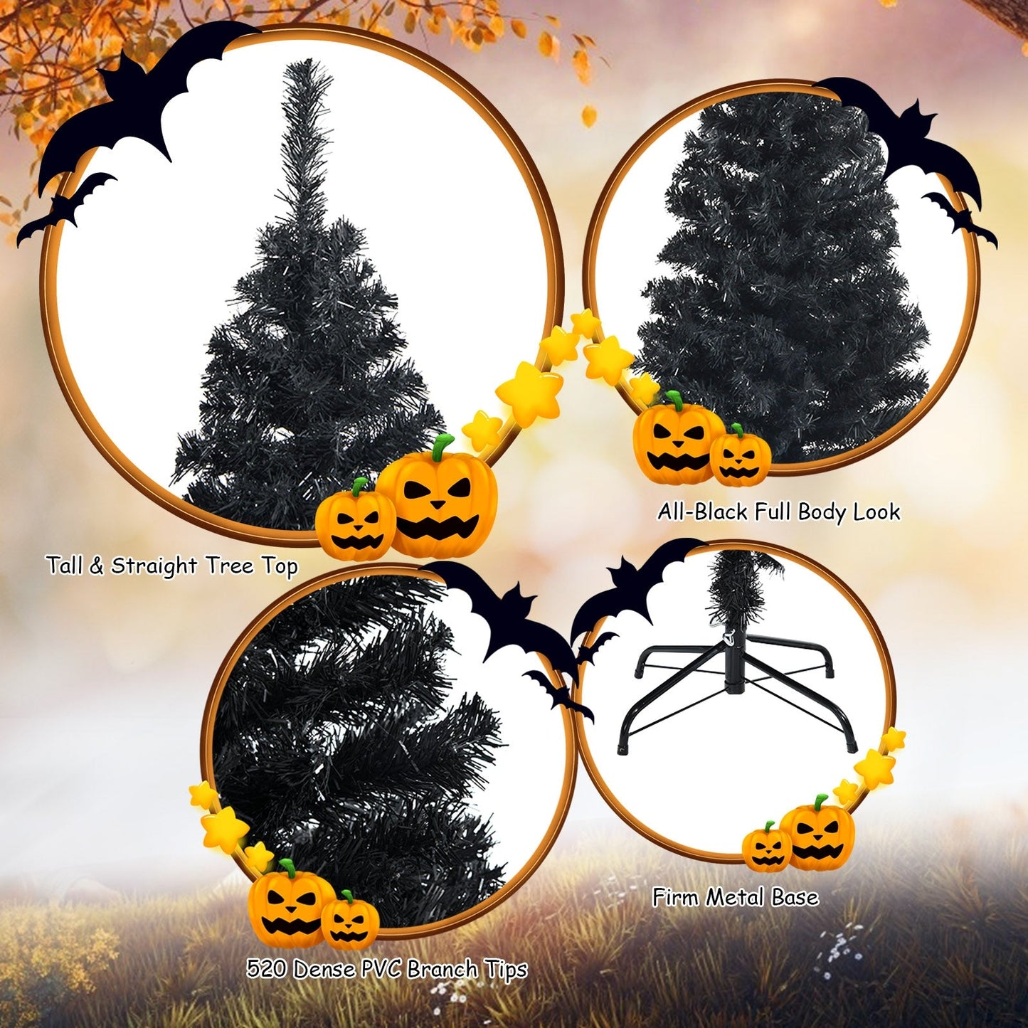 6ft Unlit Artificial Christmas Halloween Pencil Tree Black with Metal Stand-Black