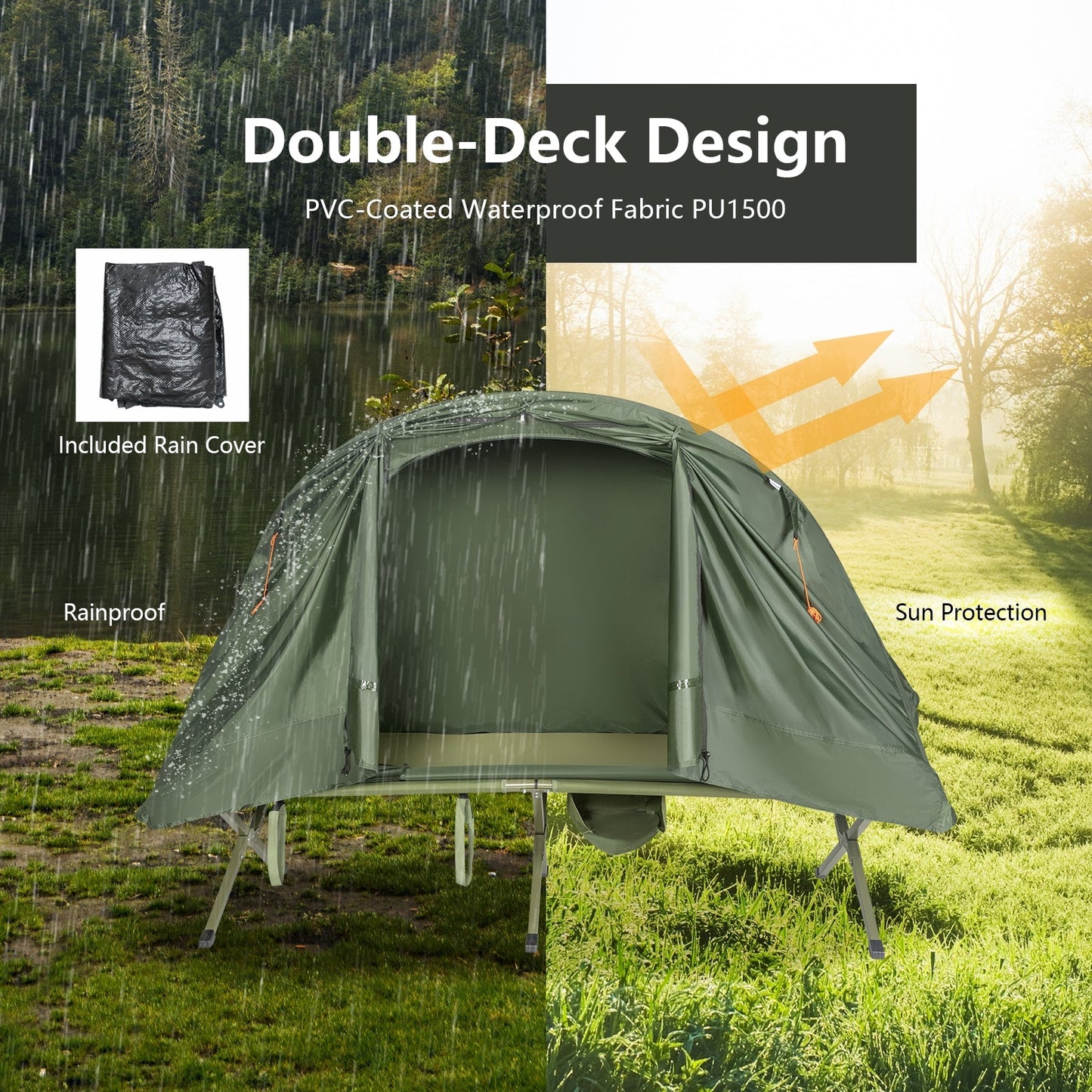 Cot Elevated Compact Tent Set with External Green Cover by GemGear, rain cover included on Tampa Home & Garden Store