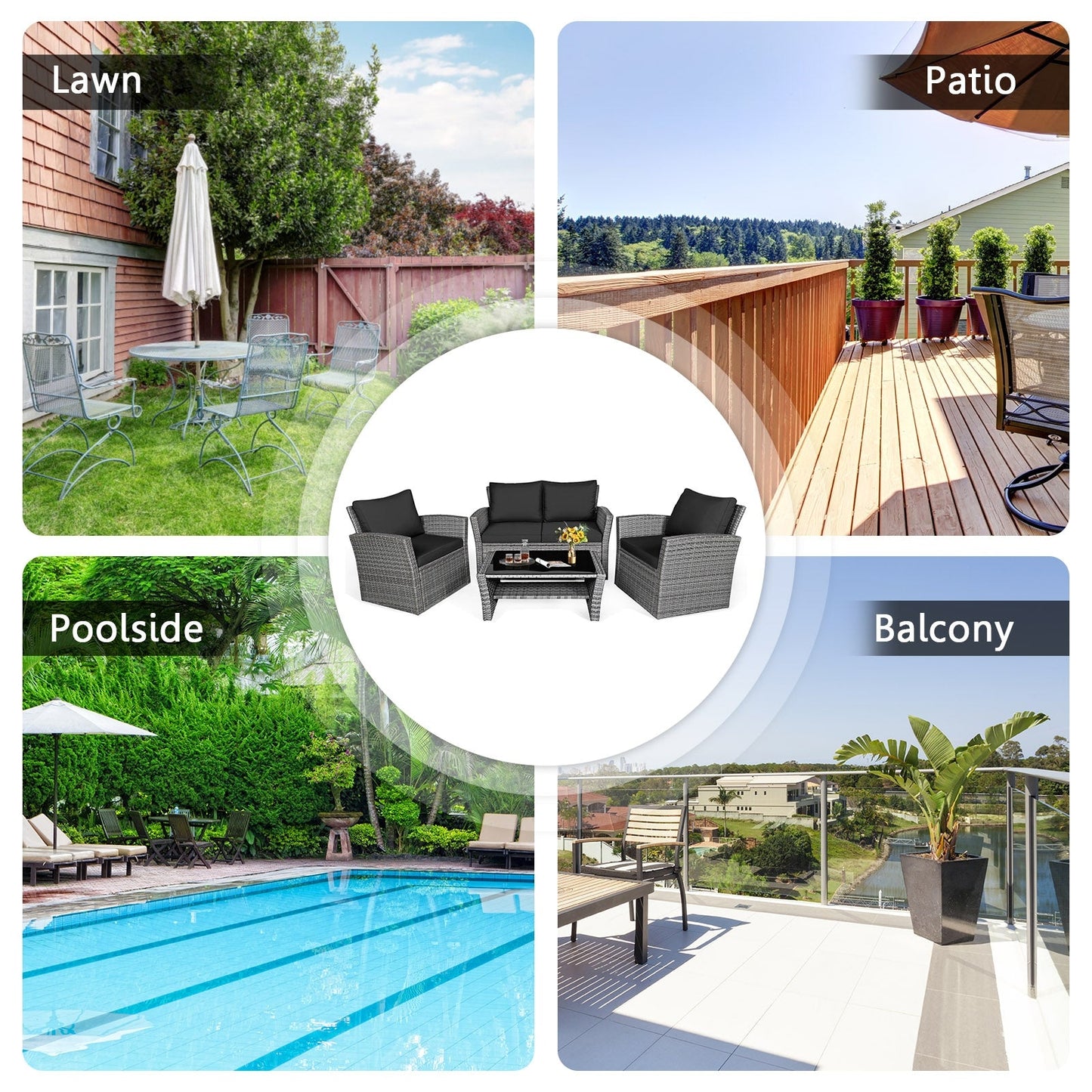 Juego de muebles de ratán para patio de 4 piezas con sofá, mesa con estante de almacenamiento y cojines - Negro