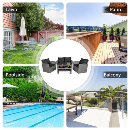 Juego de muebles de ratán para patio de 4 piezas con sofá, mesa con estante de almacenamiento y cojines - Negro
