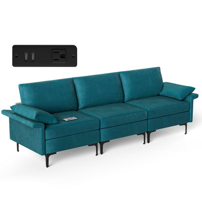 Sofá seccional grande de 3 plazas con patas de metal y 2 puertos USB para 3-4 personas - Rojo