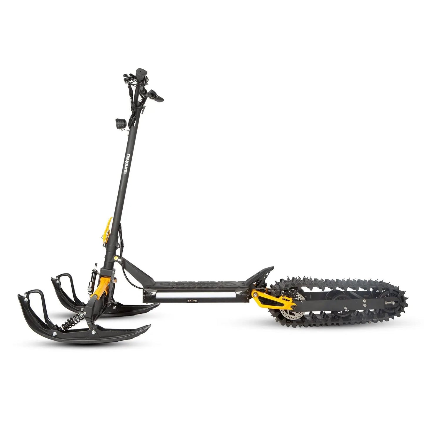 ICEX 1.0 electric snow sled by EUNORAU E-BIKE US; black frame with yellow accents and rear track on Tampa Home & Garden Store
