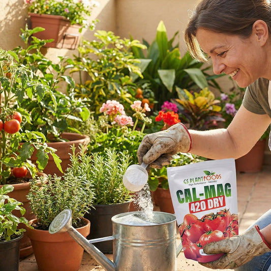 Cal-Mag Extreme calcium-magnesium fertilizer by GS Plant Foods scooped beside potted plants on Tampa Home & Garden Store