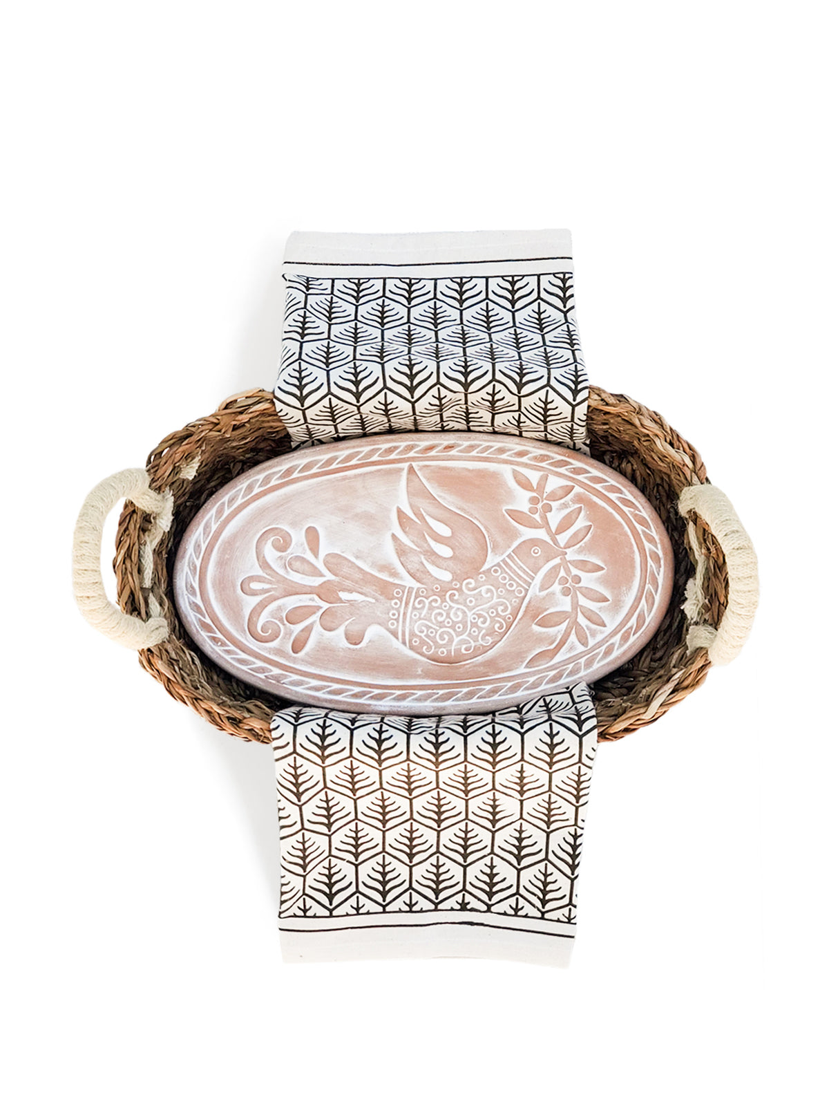 Set de regalo de calentador de pan y cesta con paño de cocina - Pájaro ovalado