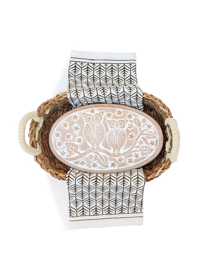 Bread Warmer & Basket Gift Set with Tea Towel Owl Oval by KORISSA in a woven basket on Tampa Home & Garden Store