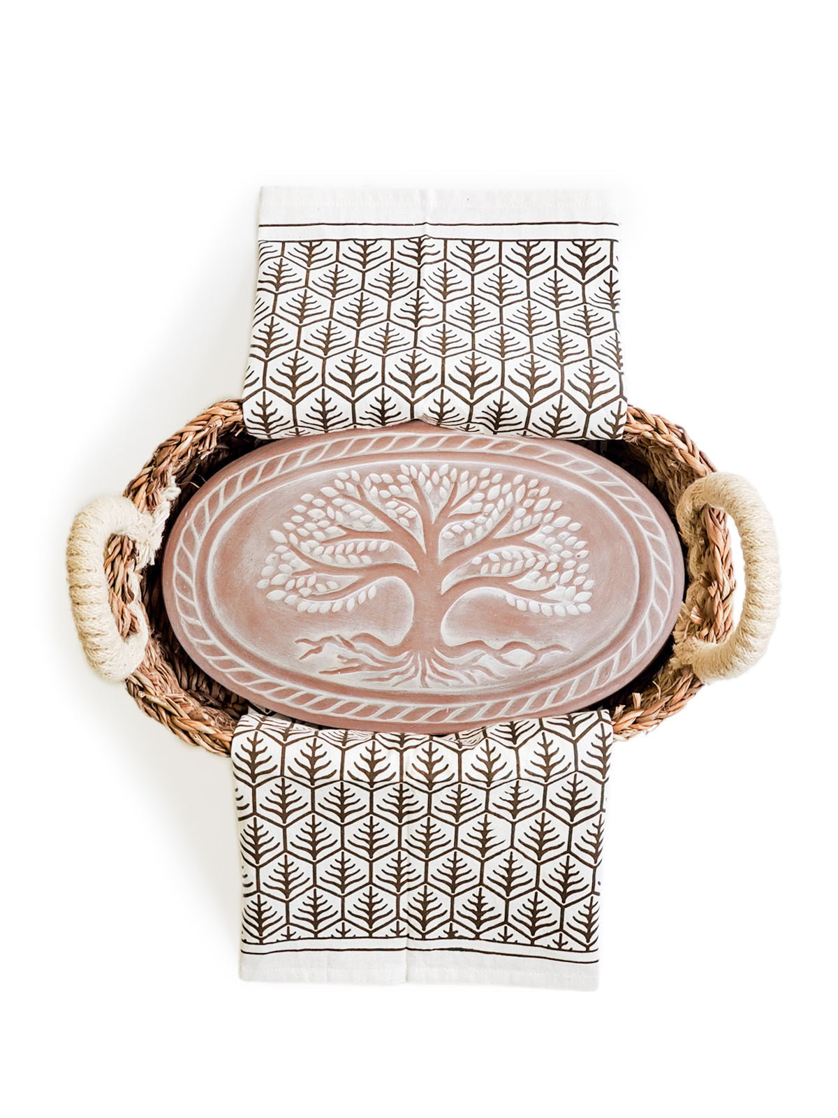 Coffret cadeau chauffe-pain et panier avec torchon - Arbre de vie ovale