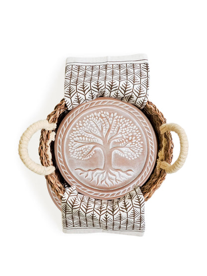 Coffret cadeau chauffe-pain et panier avec torchon - Arbre de vie rond