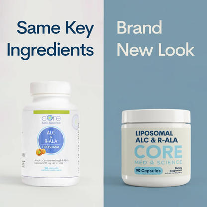 Liposomal ALC & R-ALA capsules, Core Med Science, two white bottles, 90 capsules each on Tampa Home & Garden Store