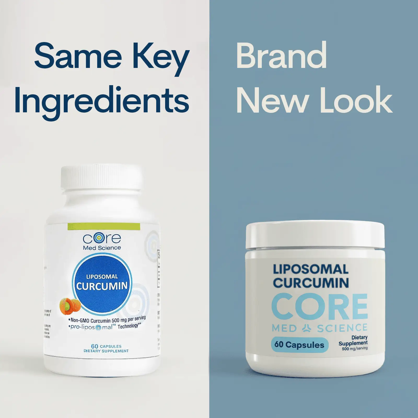 Liposomal Curcumin 500 mg capsules by Core Med Science, white bottles with 60 capsules each, on Tampa Home & Garden Store
