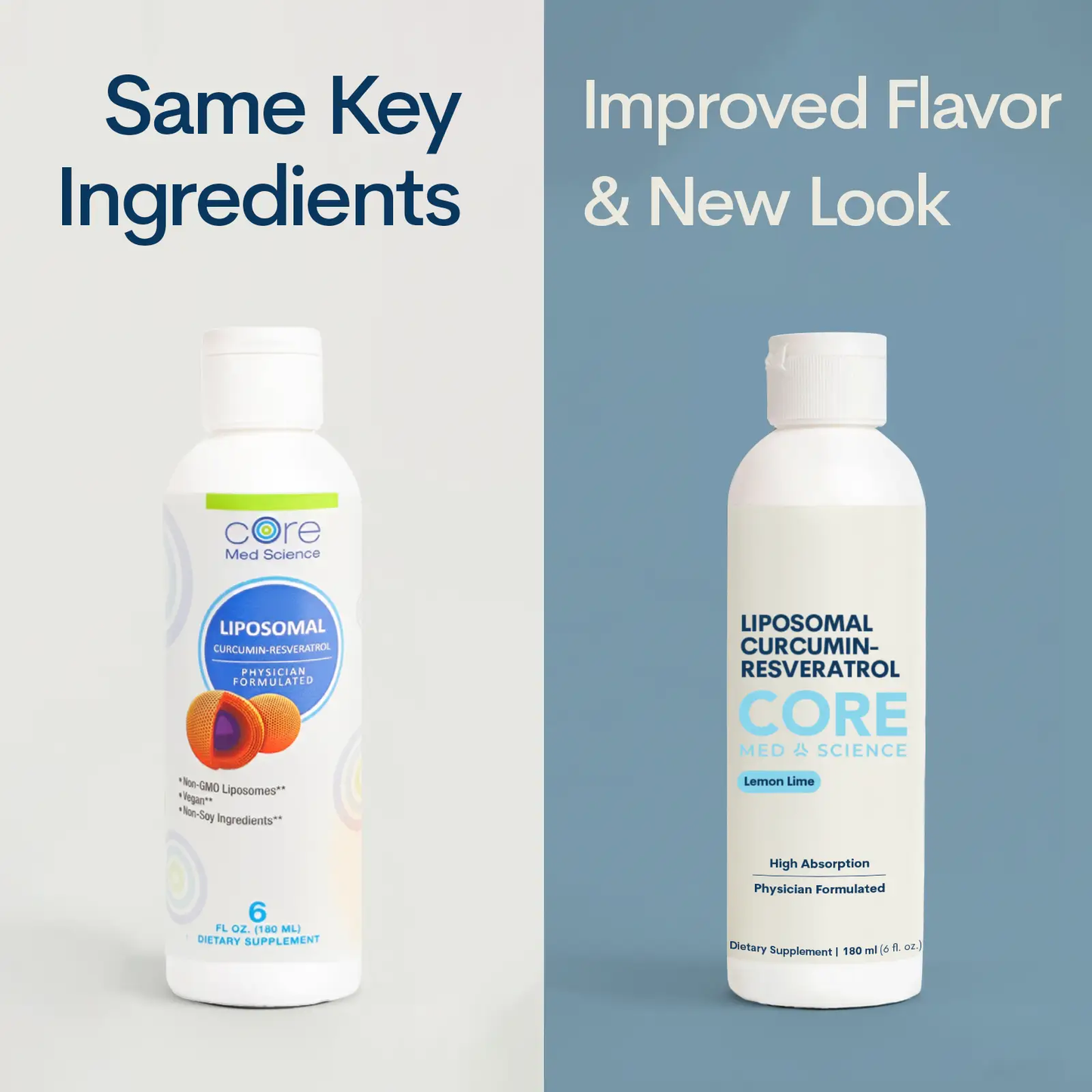Two liposomal curcumin-resveratrol liquid bottles by Core Med Science, Lemon Lime flavor on Tampa Home & Garden Store