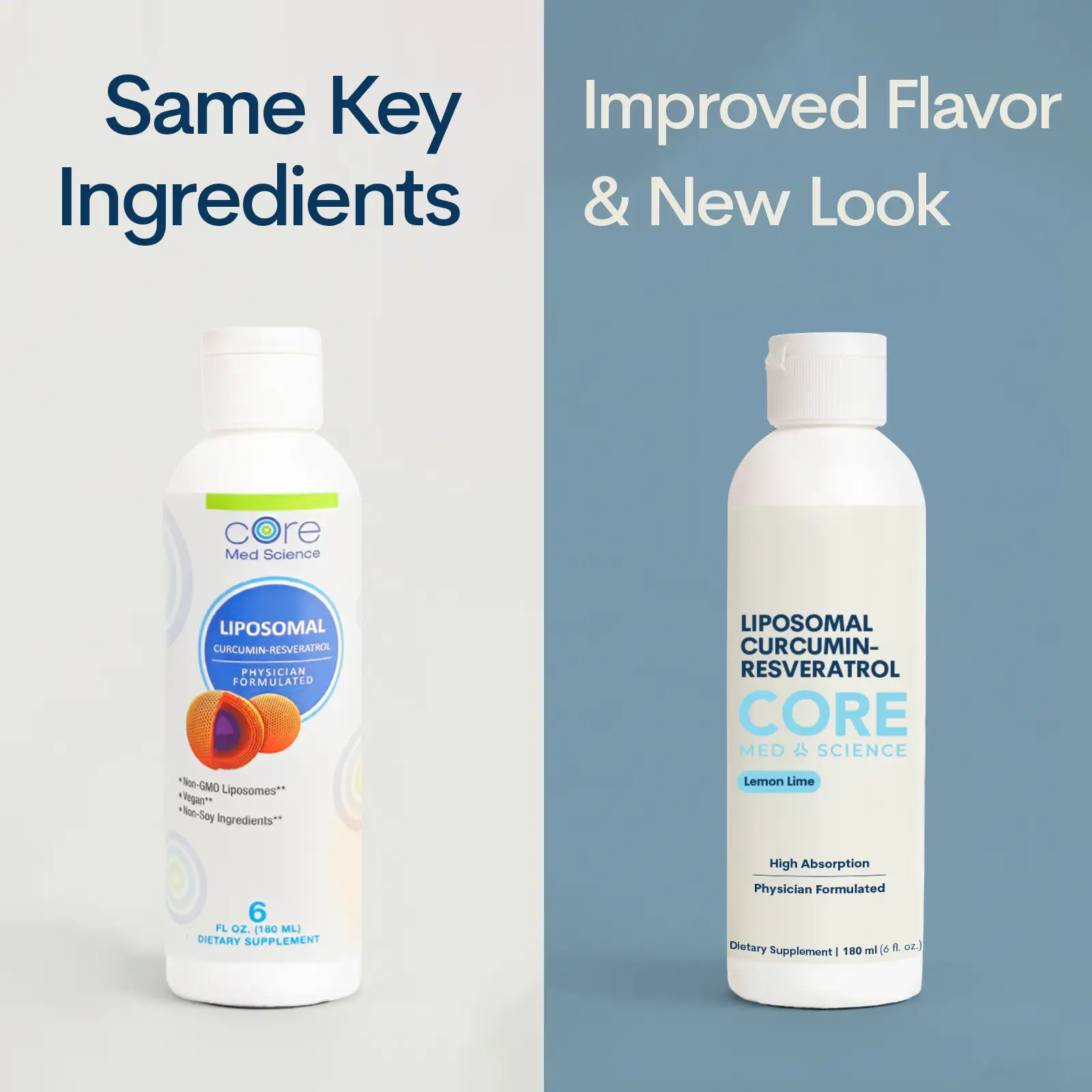 Two liposomal curcumin-resveratrol liquid bottles by Core Med Science, Lemon Lime flavor on Tampa Home & Garden Store