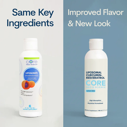 Two liposomal curcumin-resveratrol liquid bottles by Core Med Science, Lemon Lime flavor on Tampa Home & Garden Store