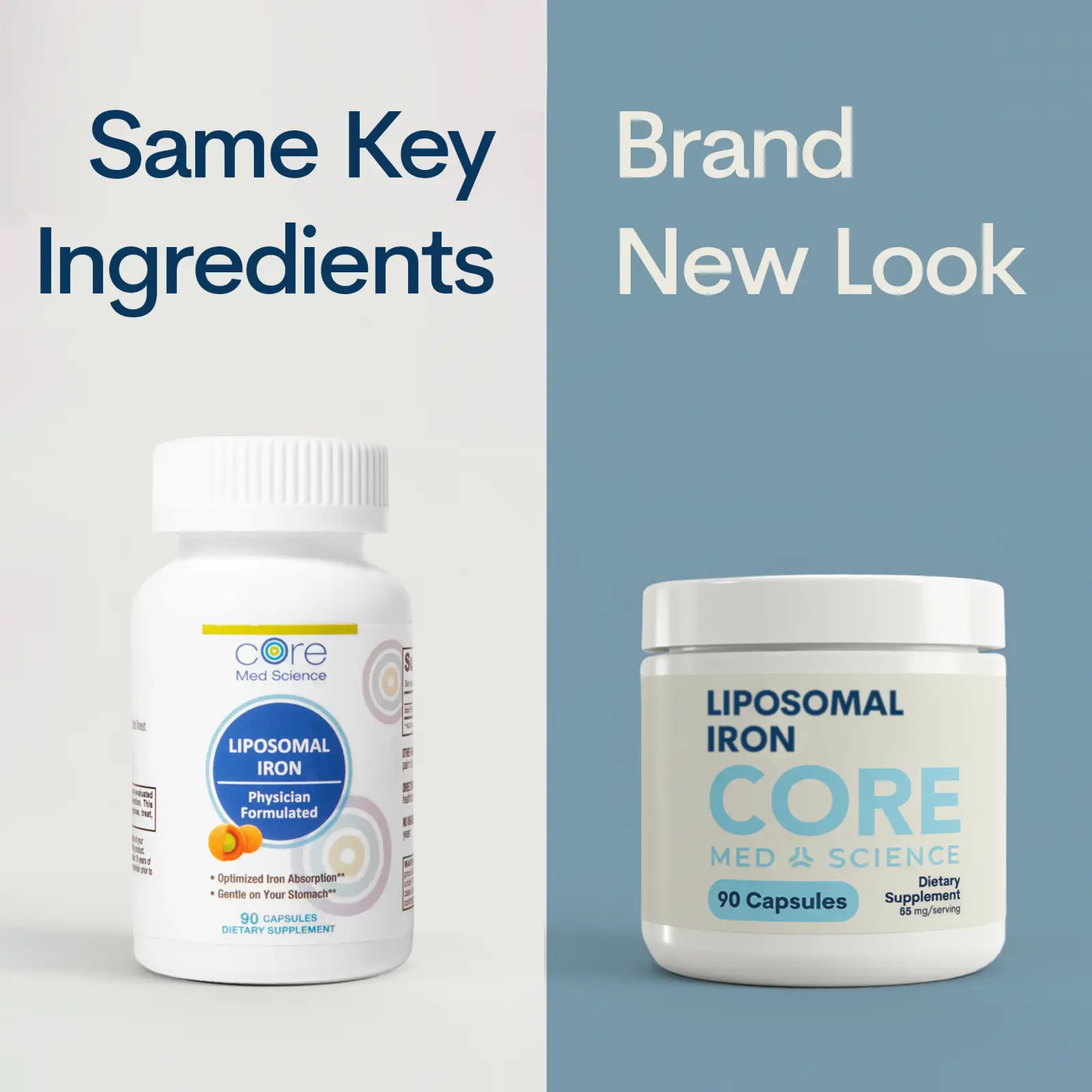 Two Liposomal Iron capsules bottles by Core Med Science, white containers with blue labels, 90 capsules each on Tampa Home & Garden Store