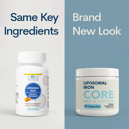 Two Liposomal Iron capsules bottles by Core Med Science, white containers with blue labels, 90 capsules each on Tampa Home & Garden Store