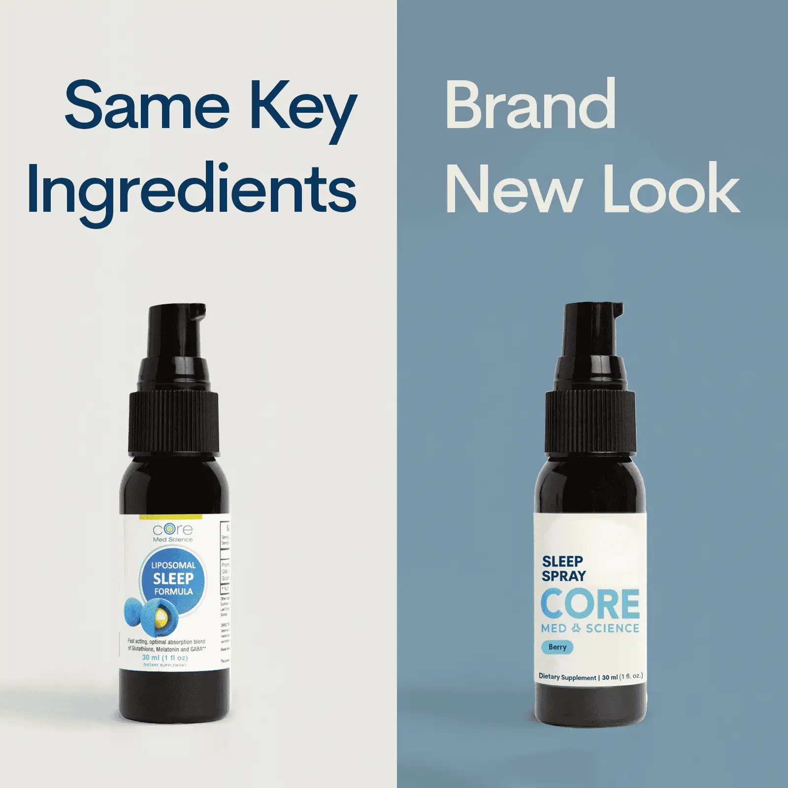 Two Core Med Science Liposomal Sleep Formula liquid spray bottles with white/blue labels on Tampa Home & Garden Store