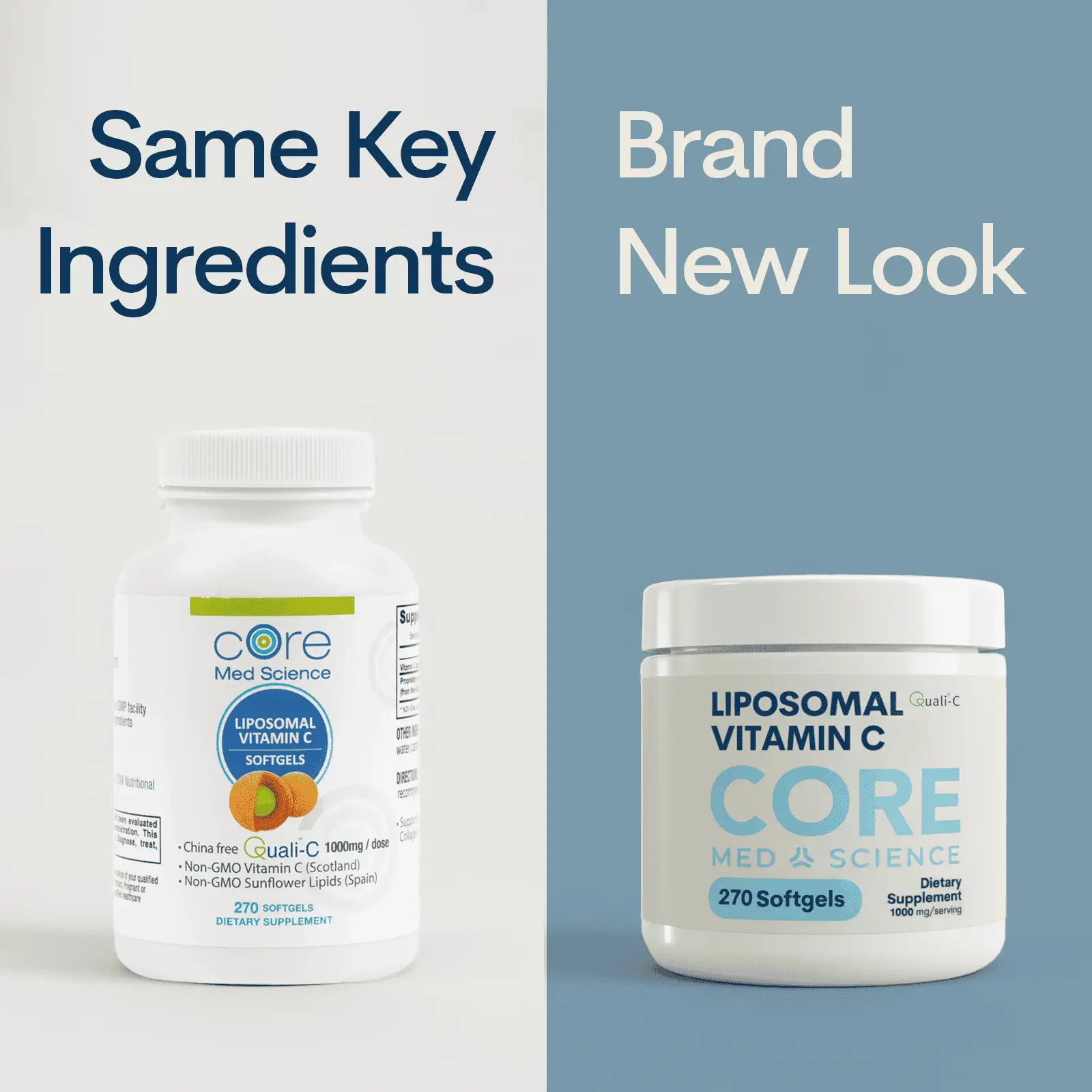 Two liposomal vitamin C softgel bottles: Core Med Science left, CORE right, 270 softgels each on Tampa Home & Garden Store