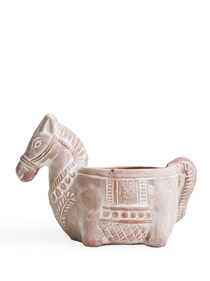 Horse-shaped terracotta planter pot in pale pink finish for plant decor on Tampa Home & Garden Store