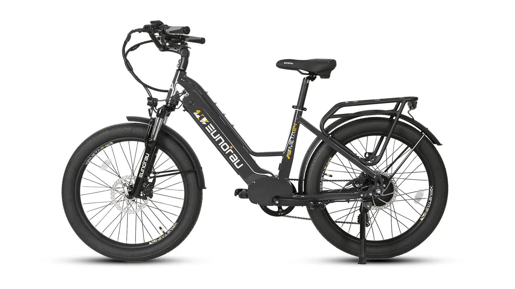 META26 1.0 electric bicycle by EUNORAU E-BIKE US with black frame, fat tires, integrated battery, front suspension on Tampa Home & Garden Store