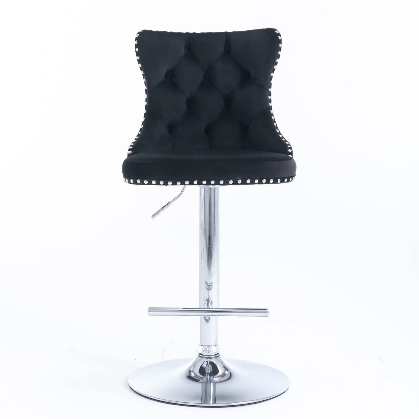 Swivel bar stools, black tufted upholstery, chrome base, adjustable 25-33 in, nailhead trim on Tampa Home & Garden Store