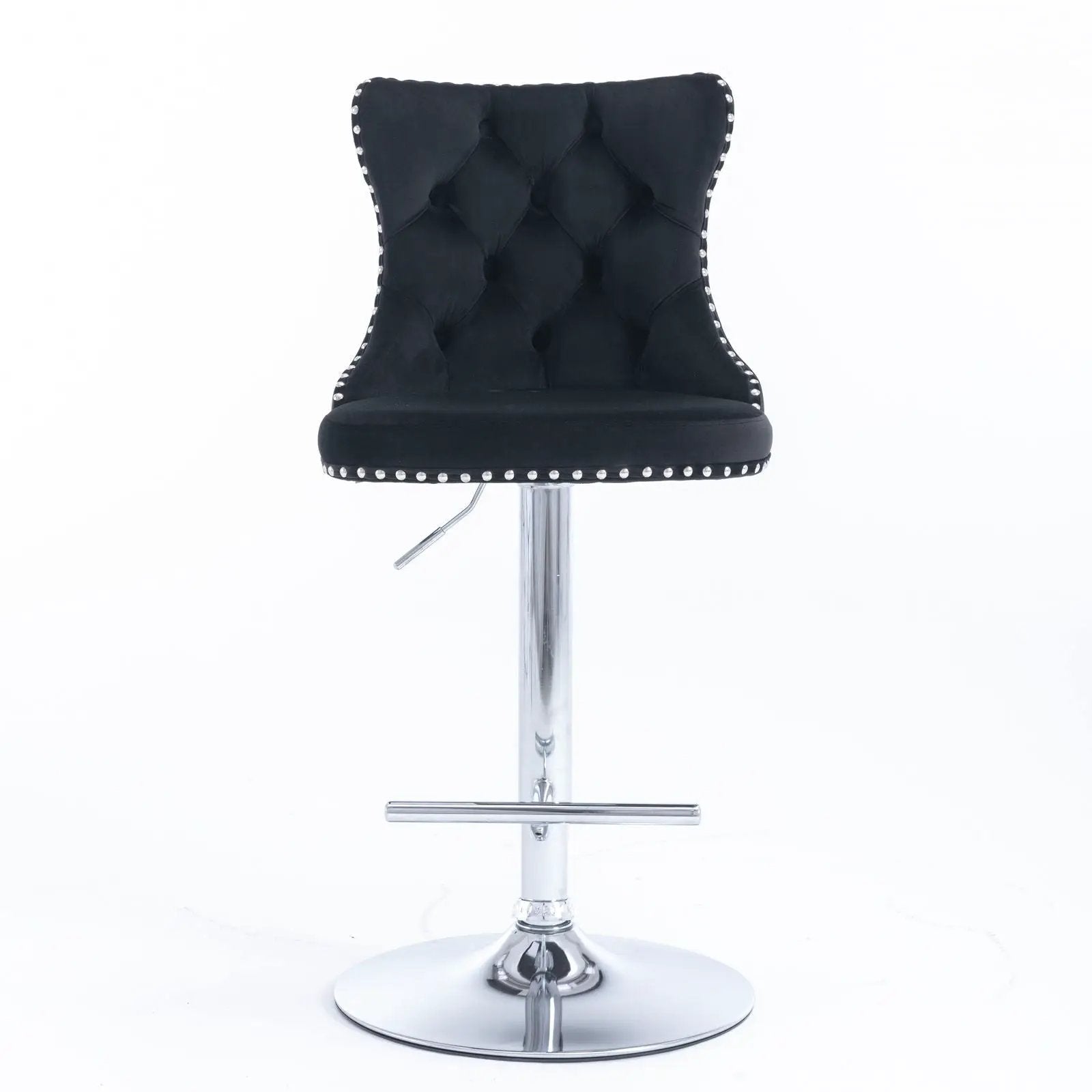 Swivel bar stools, black tufted upholstery, chrome base, adjustable 25-33 in, nailhead trim on Tampa Home & Garden Store