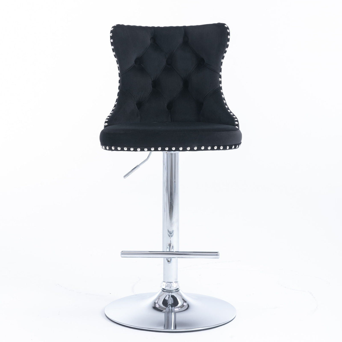 Swivel adjustable barstool with tufted black upholstery, chrome base and nailhead trim on Tampa Home & Garden Store