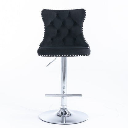 Swivel adjustable barstool with tufted black upholstery, chrome base and nailhead trim on Tampa Home & Garden Store