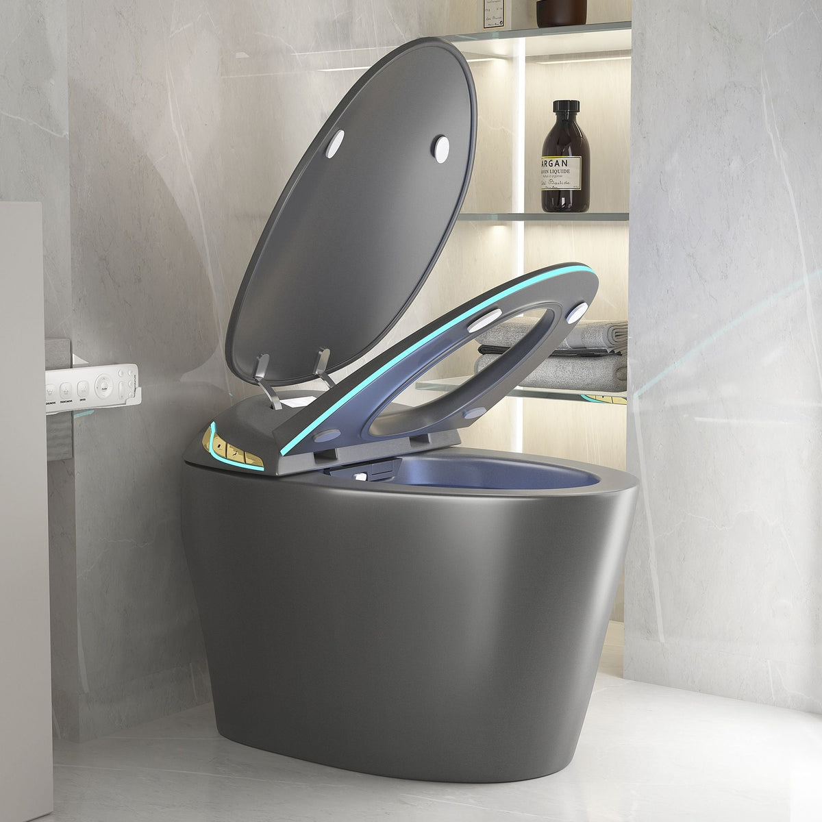 Smart Toilet With Ceramic Bidet Matte Black by HouseOfZazla, open lid design with turquoise trim on Tampa Home & Garden Store